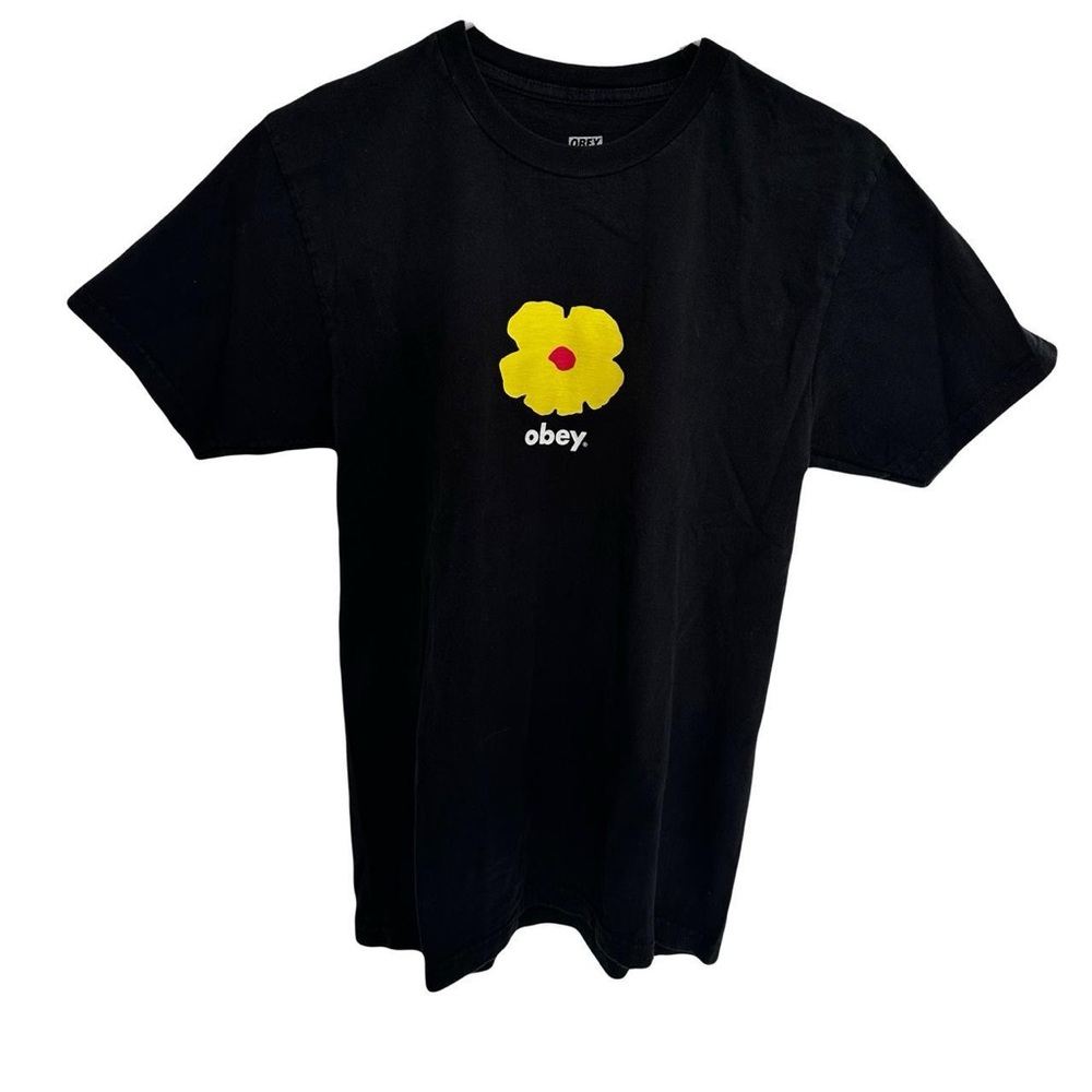 obey black t-shirt with yellow flower